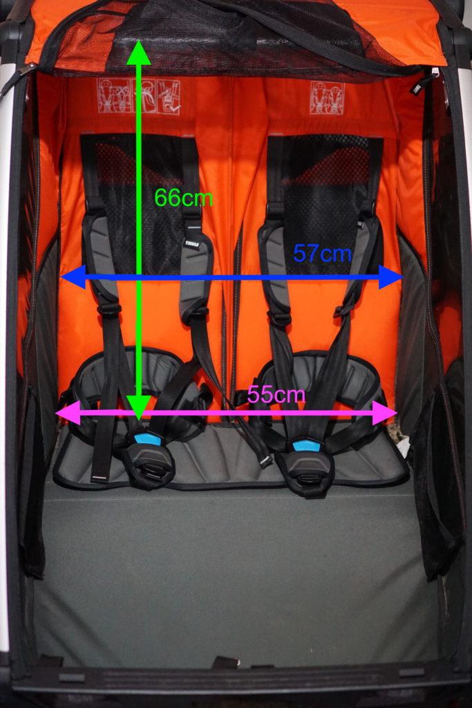 Internal seat dimensions of Thule Chariot Cross 2.  Seat width and seat height.