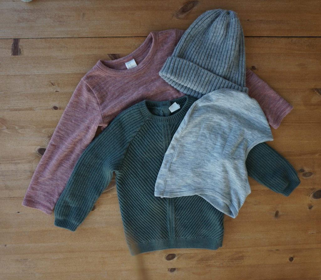 H&M kids wool range: a merino wool thermal top, beanie hat, balaclava and sweater.
